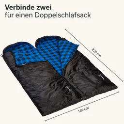 Zwei Schlafsäcke in Schwarz und Blau mit kariertem Innenfutter, bereit zur Verbindung für einen Doppelschlafsack. Maße: 220 cm x 160 cm.