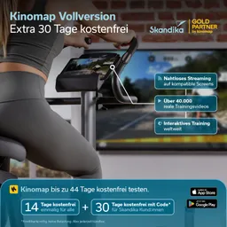 Das Bild zeigt ein Trainingsgerät mit einem Dashboard in der Mitte. Das Display ist beleuchtet und zeigt verschiedene Trainingsdaten.