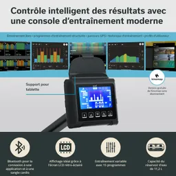 Moderne Trainingskonsole mit LCD-Display, Tablet-Halterung und Bluetooth-Verbindung. Informationen zu Programmen und Nutzung.