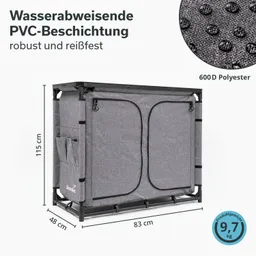 Grauer Aufbewahrungsschrank aus 600 D Polyester, wasserabweisend, mit zwei Türen und seitlicher Tasche. Maße: 115 cm x 83 cm x 48 cm. Gewicht: 9,7 kg.