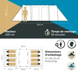 Illustration eines Zeltes mit Maßen und Montageinformationen. Es zeigt den Aufbau, die Höhe und die Packgröße.