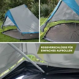 Zwei Ansichten eines Zeltes auf einer Wiese. Graues Zelt mit blauen Akzenten, Bodenplane sichtbar. Text über Reißverschlüsse.