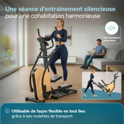 Eine Person steht auf einem Ellipsentrainer in einem modernen Raum mit großen Fenstern. Im Hintergrund sitzt eine weitere Person auf einem Sofa.