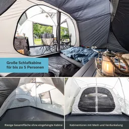Zeltinnenansicht mit Schlafkabine für bis zu 5 Personen, Schlafsack, Campingstühle und Laterne. Helle Fenster.