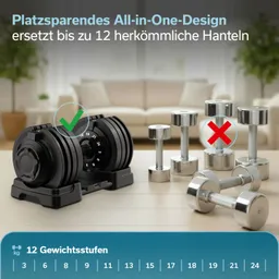 Verstellbare Hantel im Vordergrund ersetzt mehrere herkömmliche Hanteln, im Hintergrund eine Couch. Gewichtsstufen angezeigt.