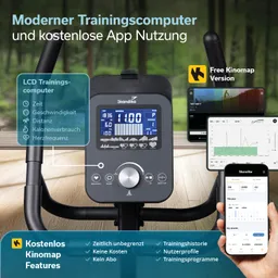 LCD-Trainingscomputer mit Anzeige für Zeit, Geschwindigkeit, Distanz, Kalorienverbrauch und Herzfrequenz. Apps und Features beschrieben.