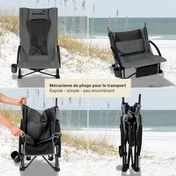 Faltstuhl in Grau auf Sandstrand, mit Detailansichten: aufgerichtet, zum Transport gefaltet, mit Getränkehalter.