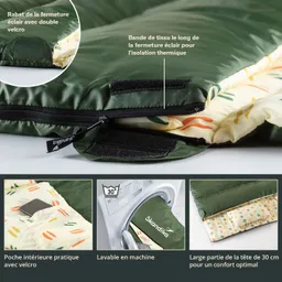 Schlafsack mit grüner Außenseite, Reißverschluss mit Velcro-Abdeckung und gemusterter Innenseite. Waschmaschinengeeignet.