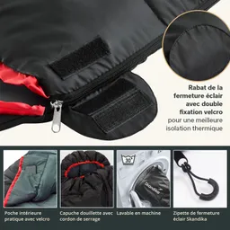 Schwarzer und roter Schlafsack mit Reißverschluss, Klettverschluss und Innen pocket. Maschinenwaschbar, Kapuze mit Kordelzug.