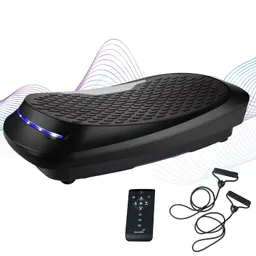 Vibrationsplatte in Schwarz mit rutschfester Oberfläche, dazu eine Fernbedienung und zwei Widerstandsbänder.