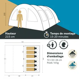 Zeltansicht mit Maßen, Höhe 215 cm, Aufbauzeit 15-20 Minuten, Platz für 6 Personen, Verpackungsmaße und Gewicht angegeben.