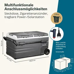 Kühlbox mit den Abmessungen 100,5 cm x 57,1 cm x 52,2 cm, inklusive Anschlüsse für Netz, Zigarettenanzünder und Solar.
