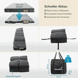 Mattress mit elektrischem Luftablassen, kompaktem Zusammenfalten und einem Tragetasche für platzsparendes Verstauen.