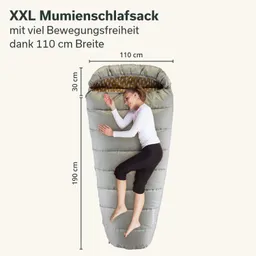 XXL Mumien-Schlafsack in grauer Farbe, Innenfutter mit Muster, Maßstab zeigt Breite 110 cm und Länge 190 cm, Person liegt darin.