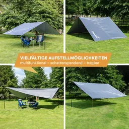 Schattenzelt in verschiedenen Aufstellvarianten auf einer grünen Wiese, umgeben von Bäumen. Zwei Stühle und ein Tisch sind sichtbar.