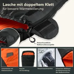 Schlafsack mit doppeltem Klettverschluss, innen orange. Details zu Tasche, Kapuze und Waschmaschinenfestigkeit.