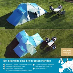 Zelt mit blauer und grauer Bespannung auf Wiese, umgeben von drei Personen an einem Tisch mit Stühlen.