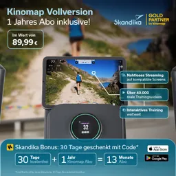 Bild eines Fitnessgeräts mit Bildschirm, der eine Laufstrecke anzeigt. Werbung für Kinomaps Vollversion und Abo-Angebote.