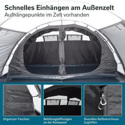 Zeltinnere mit Aufhängepunkten, Bodenbelag und geöffneten Belüftungsöffnungen. Untere Bildteile zeigen Organizer-Taschen und Reißverschluss-Zughilfen.