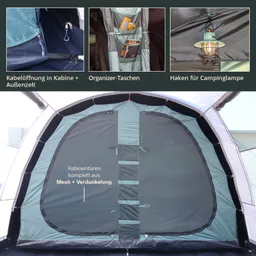 Zeltinnenseite mit Kabelöffnung, Organizer-Taschen, Haken für Lampe und Kabinentüren aus Mesh und Verdunkelung.