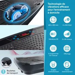 Vibrationsplattform mit LCD-Anzeige, Steuerknöpfen, 3D-Vibrationen und Transportrollen. Technische Spezifikationen auf der Seite.