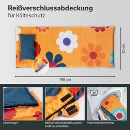Bunte Schlafdecke mit Blumenmuster, Maßangaben 190 cm x 80 cm, gepolsterte Kältekragen, Waschmaschinenfest.