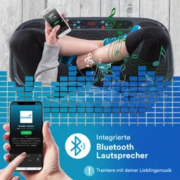 Person sitzt auf einem Fitnessgerät, hält ein Smartphone in der Hand. Grafiken von Musiknoten sind im Hintergrund.