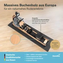 Rudergerät aus Buchenholz mit klaren Linien, schwarzem Sitzpolster und digitalem Display auf einer schützenden Matte.