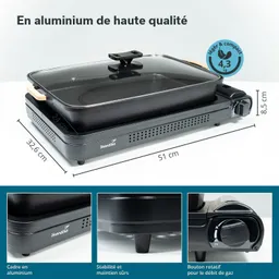 Elektrogrill aus Aluminium in Schwarz mit Glasdeckel und Drehregler. Maße: 51 cm x 32,6 cm x 8,5 cm. Marke: Skandika.