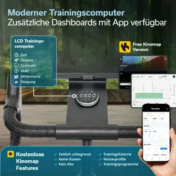 Moderer Trainingscomputer mit LCD-Display. Anzeige für Zeit, Distanz, Drehzahl, Watt, Widerstand und Steigung. App-Funktionen.