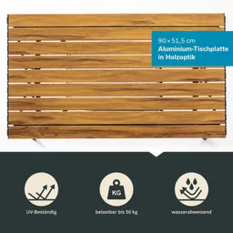 Aluminium-Tischplatte in Holzoptik mit Maßen 90 x 51,5 cm,  belastbar bis 50 kg, UV-beständig und wasserabweisend.