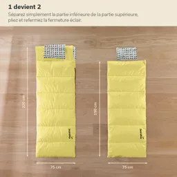 Zwei Schlafsäcke in Gelb liegen auf einem Holzfußboden, einer mit 220 cm und der andere mit 190 cm Länge, beide 75 cm breit.