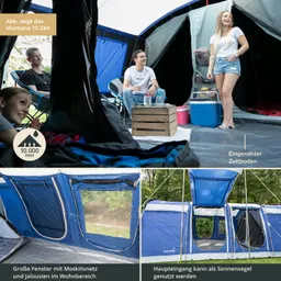Zelt mit großen Fenstern, drei Personen in Sitzen, Tisch mit Getränken, Innenbereich und Außenzelt sichtbar.