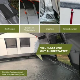 Zelt mit verschiedenen Ansichten: Belüftungen, Verdunklungsfenster, Organizer und farbcodierte Elemente. Innenraum zeigt viel Platz.