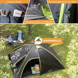 Zelt mit schwarzen und grünen Elementen auf einer Wiese, umgeben von Bäumen. Zwei blaue Stühle und ein Tisch mit Essen und Getränken. Detailaufnahmen von Organizer-Taschen und Befestigungsbändern.