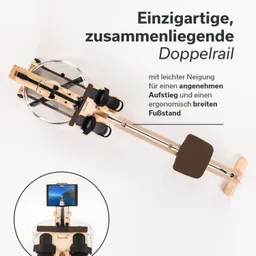 Rudergerät aus Holz mit klarer Wasserbehälter-Dekoration, breitem, ergonomischen Fußstand und Halterung für ein Gerät.