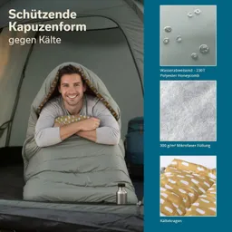 Schlafsack mit einer Person, die lächelt und in ihn eingewickelt ist, im Zelt. Wasserabweisende Materialien und Mikrofaserfüllung beschrieben.