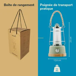 Eine Verpackung für eine Lampe auf der linken Seite und eine praktische Lampe mit Henkel auf der rechten Seite. Maße und Gewicht sind angegeben.
