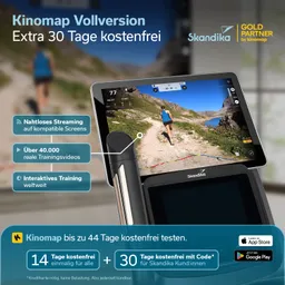 Ein Tablet, das eine Person beim Laufen an einer malerischen Landschaft zeigt. Überlagernde Textinformationen zu Kinomap und Skandika mit Testangeboten.
