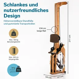 Wasser-Rudergerät aus Holz, mit einem langen Rail von 134 cm, Höhenverstellbaren Standfüßen und Transportrollen. Maße: 211 cm hoch, 54 cm breit, 47 cm tief. Max. Benutzergewicht 180 kg, Körpergröße 200 cm. Produktgewicht 30 kg.