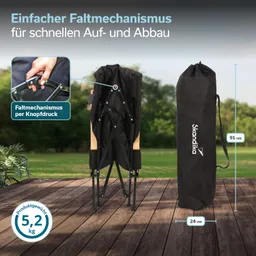 Faltstuhl mit schwarzem Bezug und Holzgriffen, zusammengeklappt und in einer Tragetasche. Maße und Gewicht 5,2 kg angegeben.