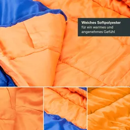 Decke aus orangefarbenem und blauem Softpolyester mit gepolstertem Bezug. Nähe und Struktur sichtbar.