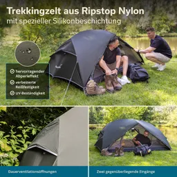 Trekkingzelt aus Ripstop-Nylon in einer Naturumgebung. Zwei Personen sitzen in der Nähe des Zeltes. Elemente des Zeltes sind sichtbar.
