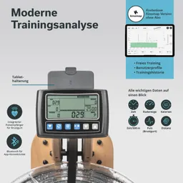 Fachgerät zur Trainingsanalyse mit Display, Tablet-Halterung und Holzrahmen. Anzeigen für Zeit, Ruderzüge, Kalorien, Puls und Distanz sichtbar.