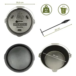 Eisenbehälter mit Deckel, durchmesser 28,5 cm, Gewicht 6,2 kg und Volumen 4 Liter, inklusive Rührstab.