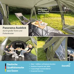 Zelt mit großen Fenstern und Türen. Vier Personen sitzen an einem Tisch mit Snacks. Rasenfläche im Hintergrund.