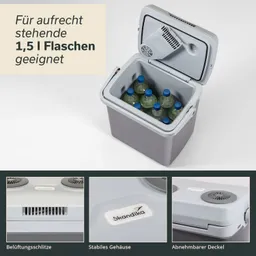 Kühler mit geöffnetem Deckel, gefüllt mit Flaschen. Graues Gehäuse, abnehmbarer Deckel, Lüftungsschlitze sichtbar.