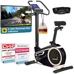 Ergometer von Skandika mit einem Bildschirm, der eine Fahrradfahrt zeigt, und verschiedenen Auszeichnungen im Vordergrund.