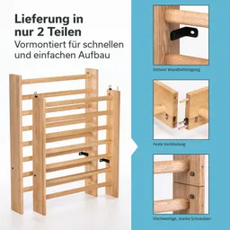 Regalsystem aus Holz in zwei Teilen, mit klarer Anleitung für den einfachen Aufbau. Zusätzliche Details zu Verbindungen und Befestigungen.