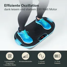 Vibrationsplatte mit digitalem Display und blauer Kante. Eine Person mit blauen Sportschuhen steht darauf.